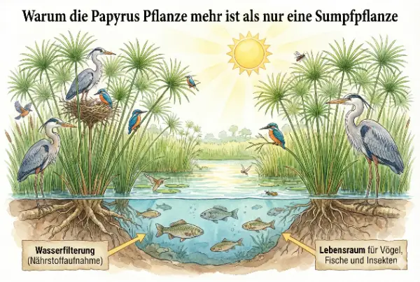 Das Aquarell zeigt einen Papyrus-Sumpf als Ökosystem: Vögel nisten, Fische schwimmen darin und in Textfeldern wird die Funktion als Lebensraum und Wasserfilter erklärt.