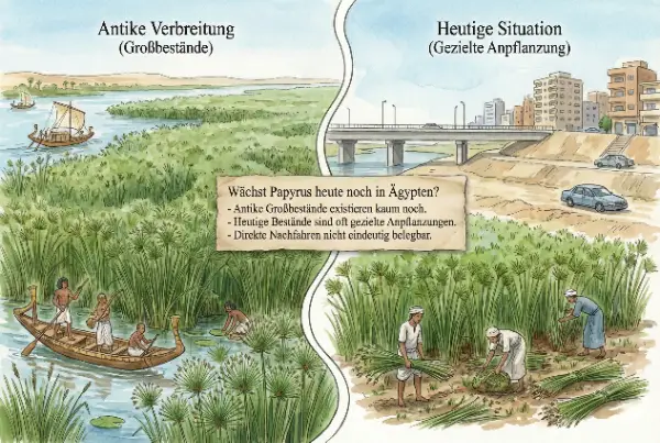 Hier sehen Sie einen wunderschönen Aquarell-Vergleich: Auf der linken Seite sehen wir dichte Papyrusbestände am Nil im antiken Ägypten, auf der rechten Seite sehen wir gezielte Anpflanzungen der Moderne nahe einer Brücke mit Autos.