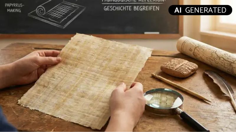 Ein Schüler hält ein fertiges Papyrusblatt über einem Tisch mit Lupe und Griffel. Tafeltext: Pädagogische Reflexion – Geschichte begreifen lernen