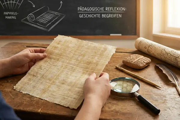 Un élève tient une feuille de papyrus terminée au-dessus d’une table avec une loupe et un stylet. Texte au tableau : Réflexion pédagogique – Apprendre à comprendre l’histoire