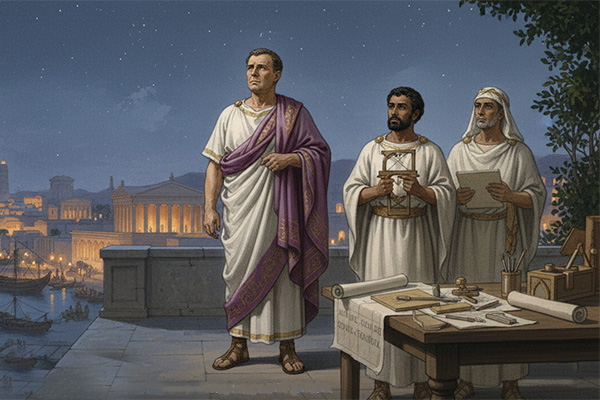 Julius Caesar in einer purpurnen Toga steht nachts auf einer Terrasse über dem Hafen von Alexandria.