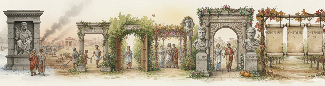 Eine Panorama-Illustration der römischen Monate, dargestellt als chronologische Abfolge architektonischer Elemente und Szenen